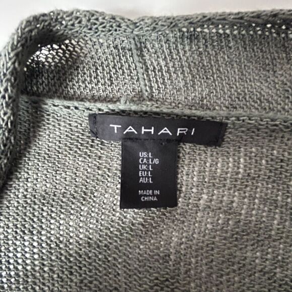 Tahari Linen Blend Cardigan Sz L Light Olive Green Open Front Coastal Neutral - Picture 4 of 8